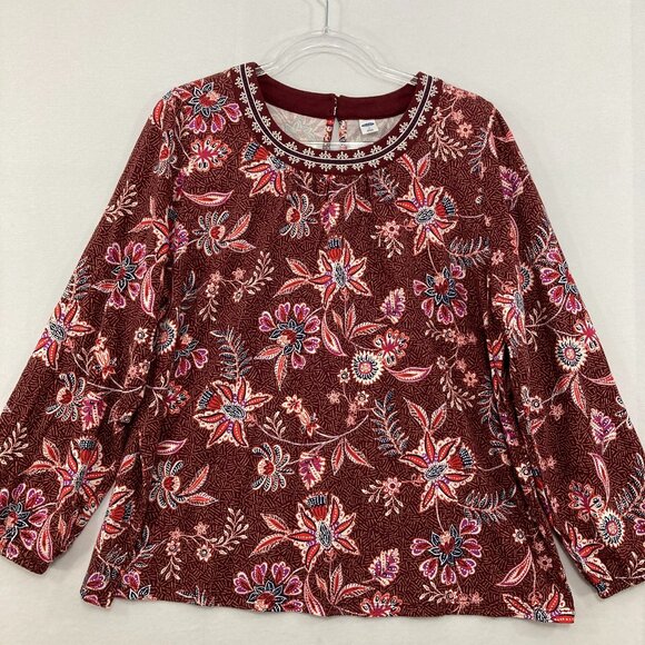Old Navy size XL Burgundy Floral Boho Festival Cotton Stretch Blouse - Picture 1 of 9